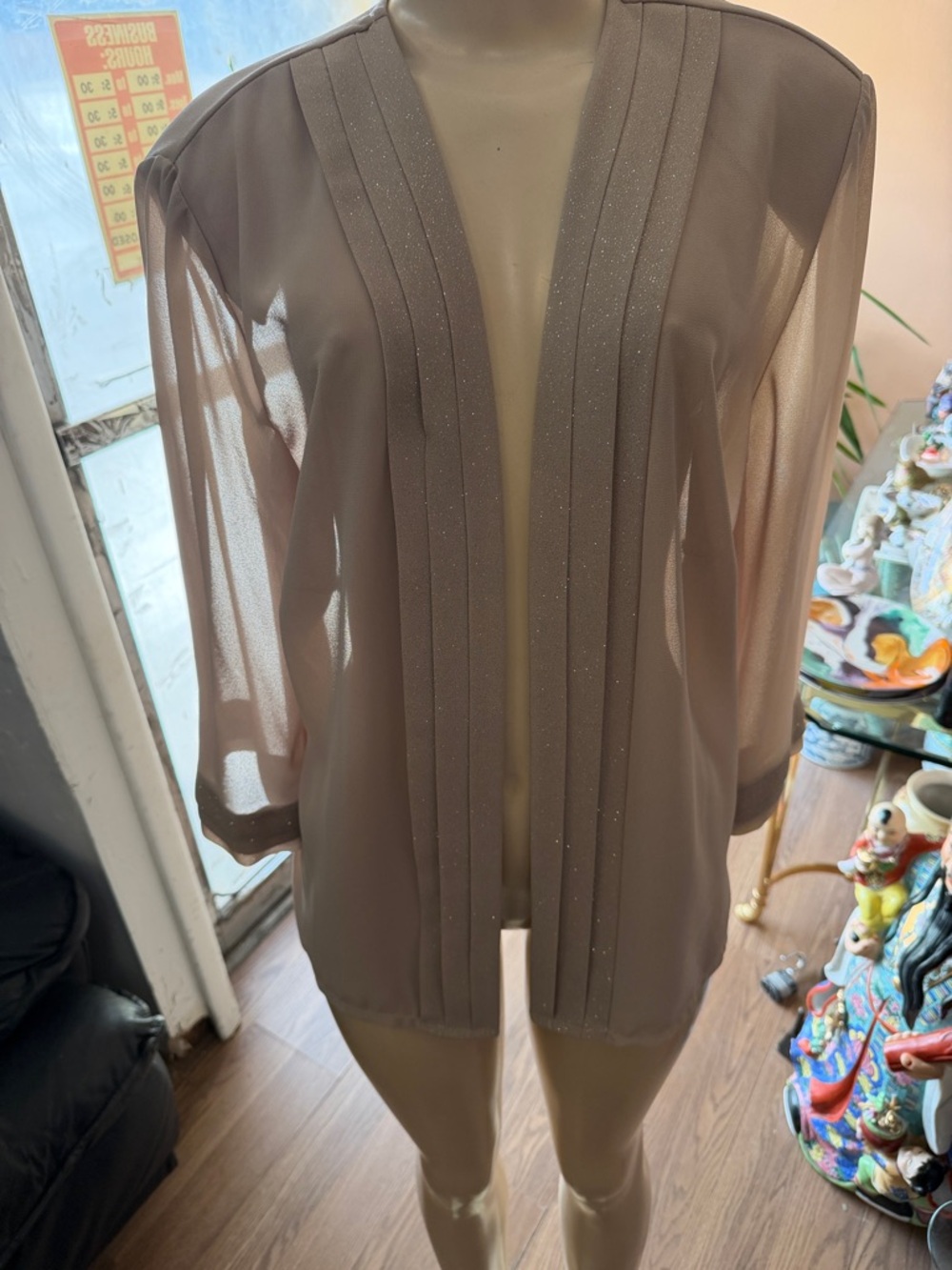 Dana Kay‎ Sheer Taupe Open-Front Blouse with Sparkle Trim